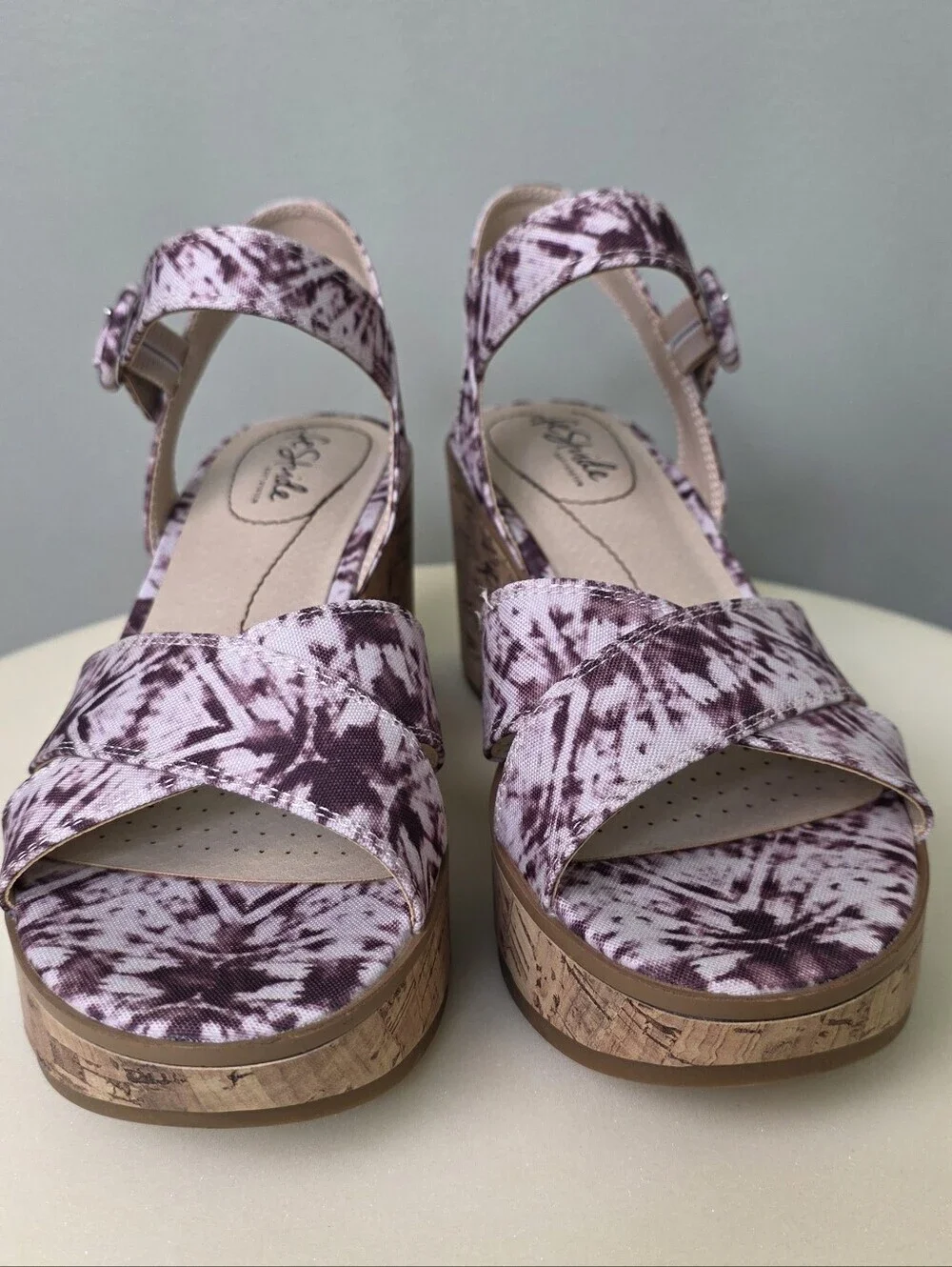 LifeStride Neutral Platform Sandals Cork Block Heel Purple Shibori 7.5M NEW!!